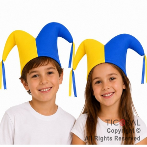 SOMBRERO BUFON DOS PUNTAS EQUIPO AZUL Y AMARILLO JERSEY x 10 UNIDADES
